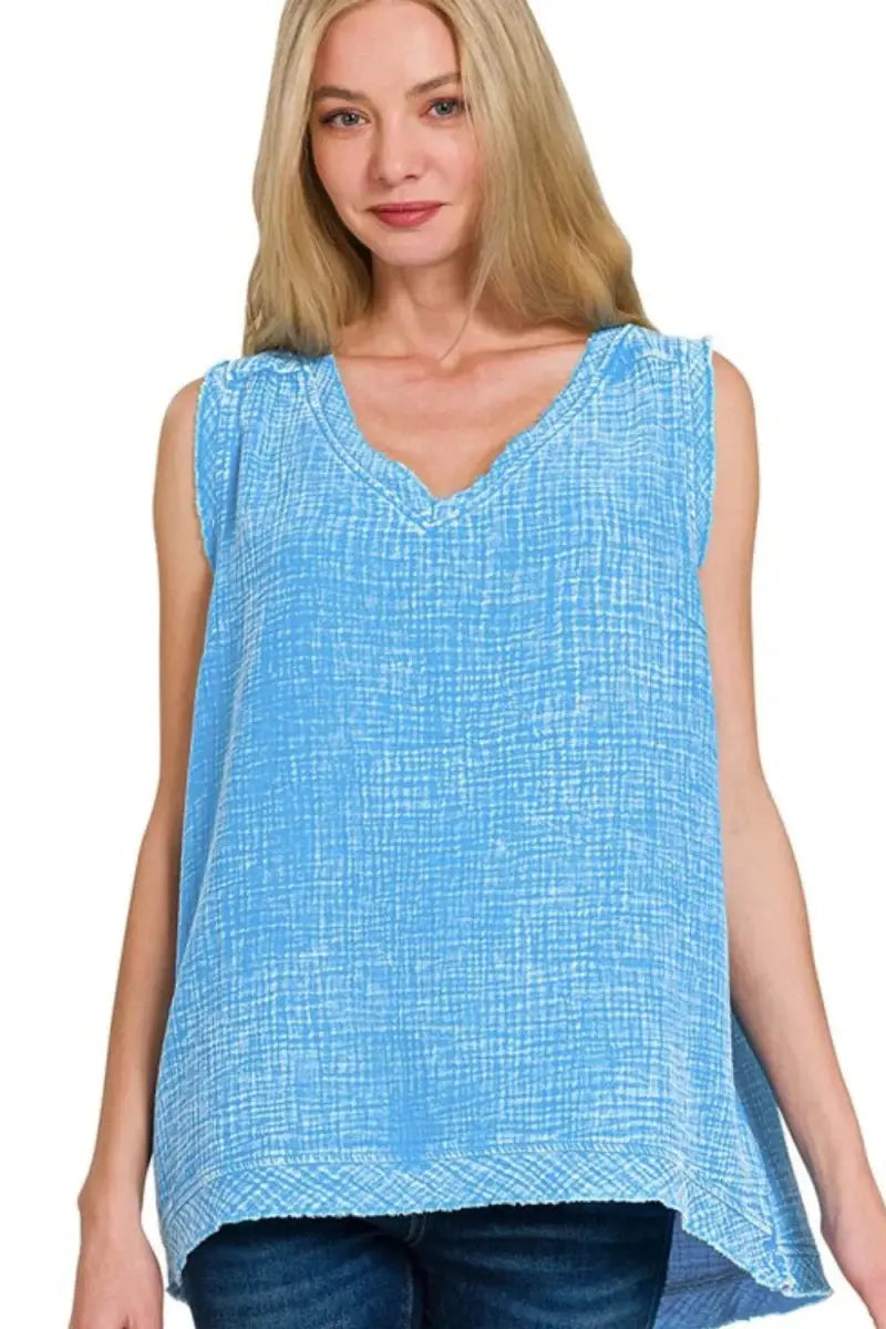 Zenana Double Gauze Raw Edge Acid Washed Tank Top - Love Salve